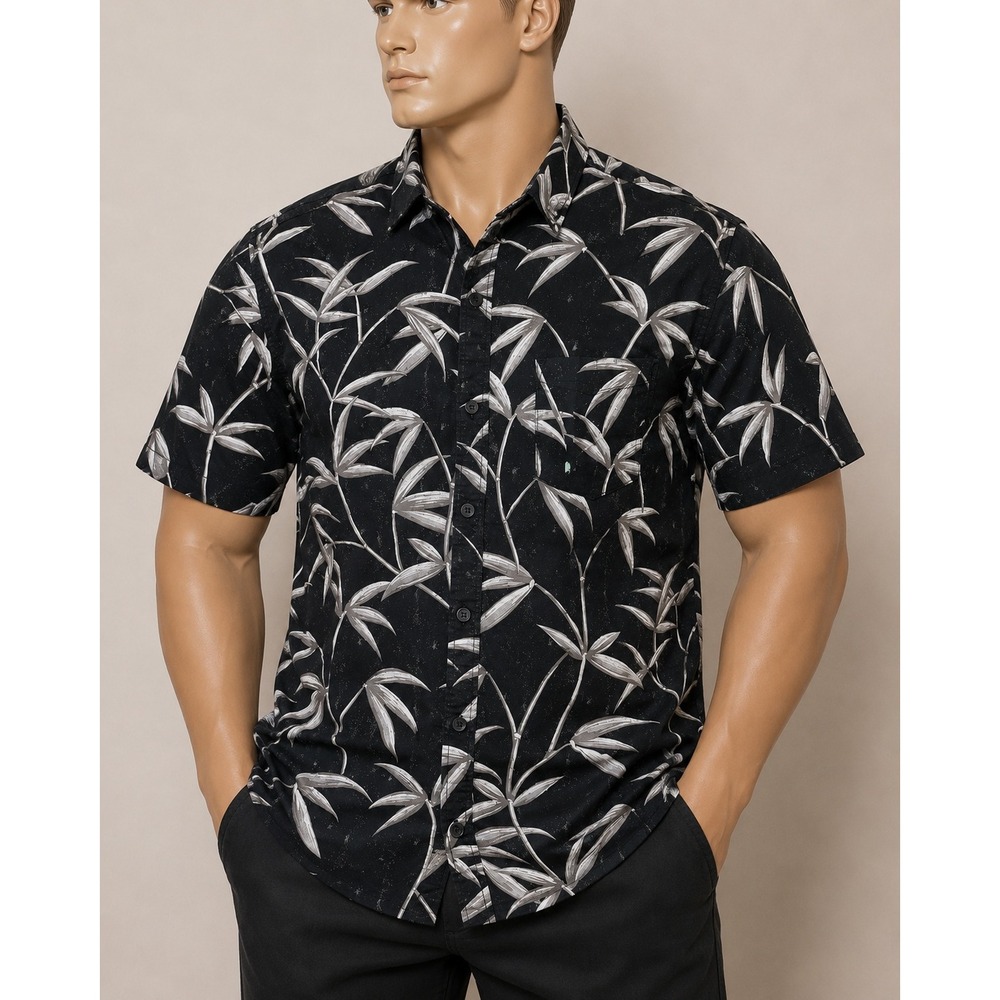 Jack O'Neill Mens Large Relaxed Fit Black‎ Bamboo Leaf Print Short Sleeve Shirt